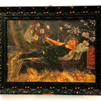 Antico ritratto olio su tela donna con ventaglio