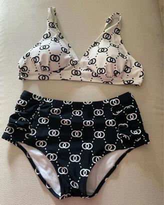 Bikini vita alta fantasia bianca/nera POWER FLOWER
