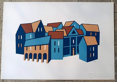 serigrafia originale anni 70 sogg. città blu