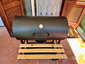 Barbecue con coperchio, ripiani in legno, 2 ruote