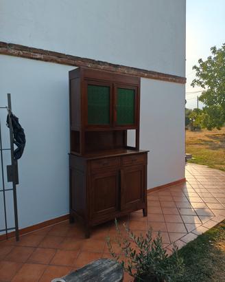 credenza a 2 corpi con vetri verdi