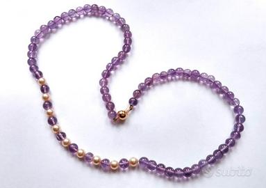 Collana Vintage Ametista E Perle Chiusura Oro 14k