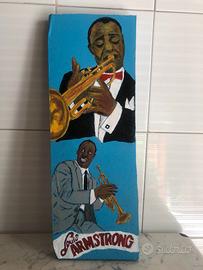 QUADRO DIPINTO SU LEGNO''Louis Armstrong'' firmato