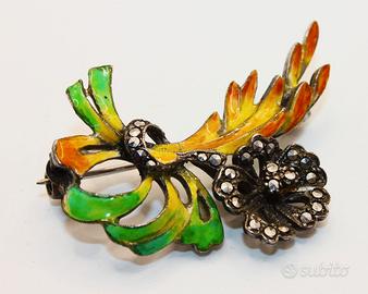 Antica spilla dipinta argento marcasite