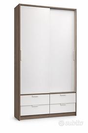 Armadio bianco con ante scorrevoli e 4 cassetti