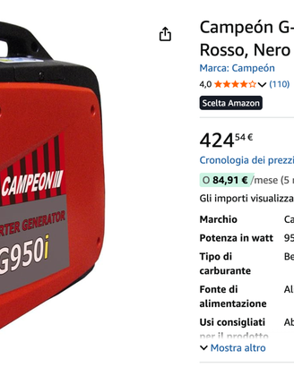 Generatore di corrente 4t benzina 1kw camper