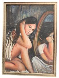 Dipinto Olio su tela Donna allo specchio cm 49x68