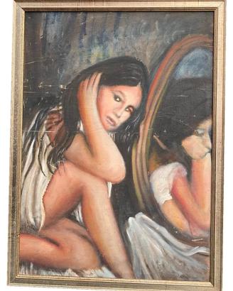Dipinto Olio su tela Donna allo specchio cm 49x68