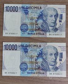 2 banconote 10000 L. Alessandro Volta consecutive