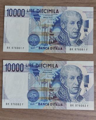 2 banconote 10000 L. Alessandro Volta consecutive