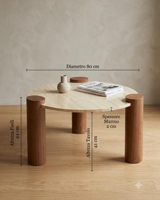 Tavolino di design in Travertino e Legno – 80 cm