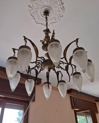 Lampadario antico in ottone con 10 luci