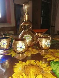 Set bicchieri brandy+bottiglia vetro decoro a mano