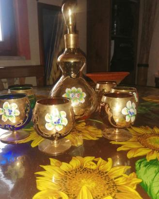 Set bicchieri brandy+bottiglia vetro decoro a mano