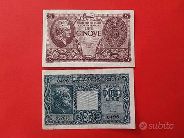 Coppia banconote 5 e 10 Lire Italia 1944