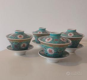 Set di 4 tazze cinesi Gaiwan con coperchio e piatt