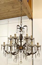 Lampadario antico in ottone e gocce di cristallo