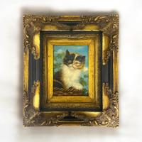 Antico dipinto ad olio gattino in cornice 1800