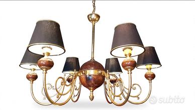 Lampadario 6 luci ceramica d'arte e oro