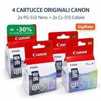 4 cartucce originali Canon: 2× PG-512 + 2× CL-513