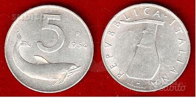 ITALIA 1954 Moneta 5 Lire FDC firma 1mm bordo