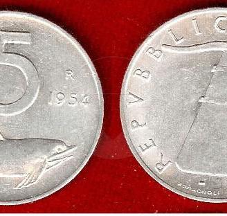 ITALIA 1954 Moneta 5 Lire FDC firma 1mm bordo
