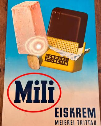 Rara Insegna Vintage Mili Eiskrem Lamiera Anni 50