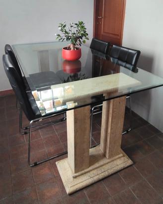 Tavolo in cristallo con base in marmo travertino