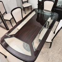 Tavolo legno mogan con inserti in vetro + 6 sedie
