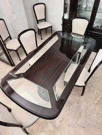 Tavolo legno mogan con inserti in vetro + 6 sedie