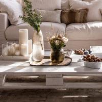 Tavolino in legno e vetro con ruote