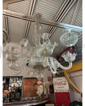 LAMPADARIO MURANO VETRO TRASPARENTE 6 LUCI FIORI E