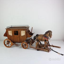 DILIGENZA CARROZZA LEGNO CAVALLI VINTAGE GIOCATTOL