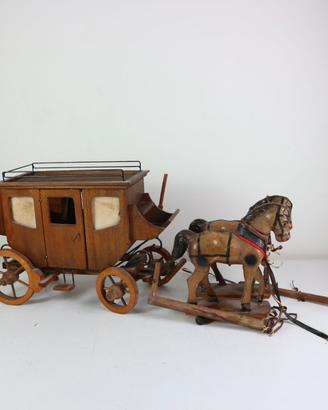 DILIGENZA CARROZZA LEGNO CAVALLI VINTAGE GIOCATTOL