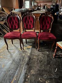 3 sedie in stile velluto rosso