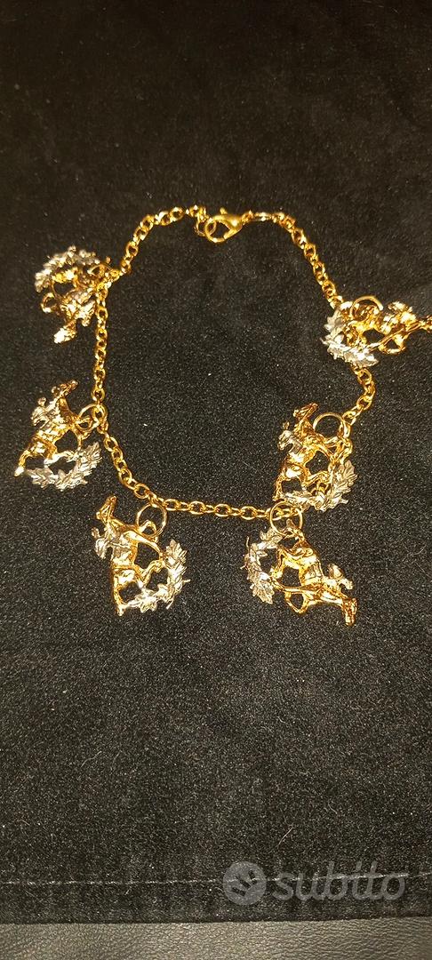 Bracciale Rigido In Acciaio Placcato Oro 18K Con Cavallo E Strass - Gioiello Donna In Sacchetto Velluto