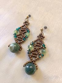 Orecchini vintage elegante agata verde cristallo 