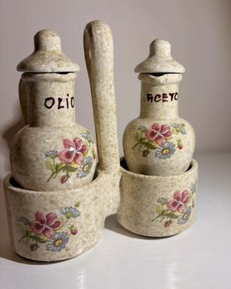 Set olio e aceto vintage in ceramica con supporto