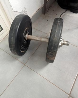2 manubri+ manubrio più due pesi da 5 kg 