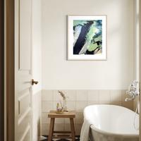 Quadro astratto blu notte, verde salvia e argento