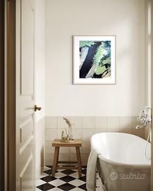 Quadro astratto blu notte, verde salvia e argento