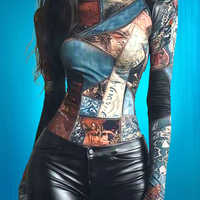 T-Shirt Top Vintage da Donna a Maniche Lunghe