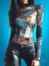 T-Shirt Top Vintage da Donna a Maniche Lunghe