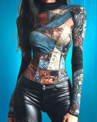 T-Shirt Top Vintage da Donna a Maniche Lunghe