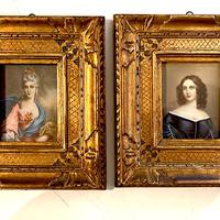 Antico ritratto di donna in miniatura - set 2 pz.