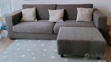 Divano 3 posti artigianale in lino grigio con pouf