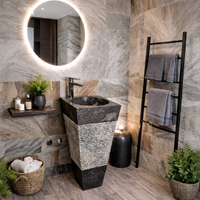 Lavabo con colonna in pietra naturale e marmo nero