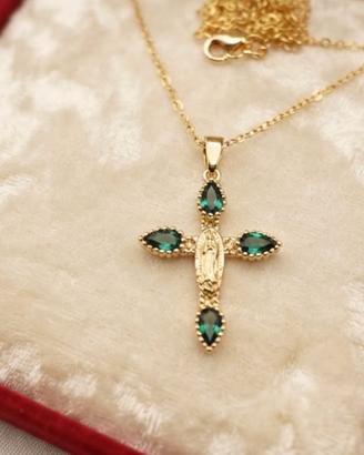 Collana Croce color Oro e Smeraldi