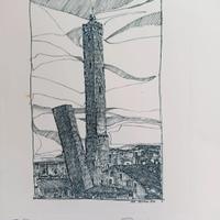 Litografia "le due torri di Bologna" firmata