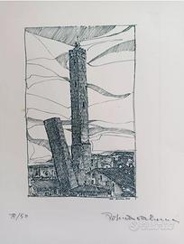 Litografia "le due torri di Bologna" firmata